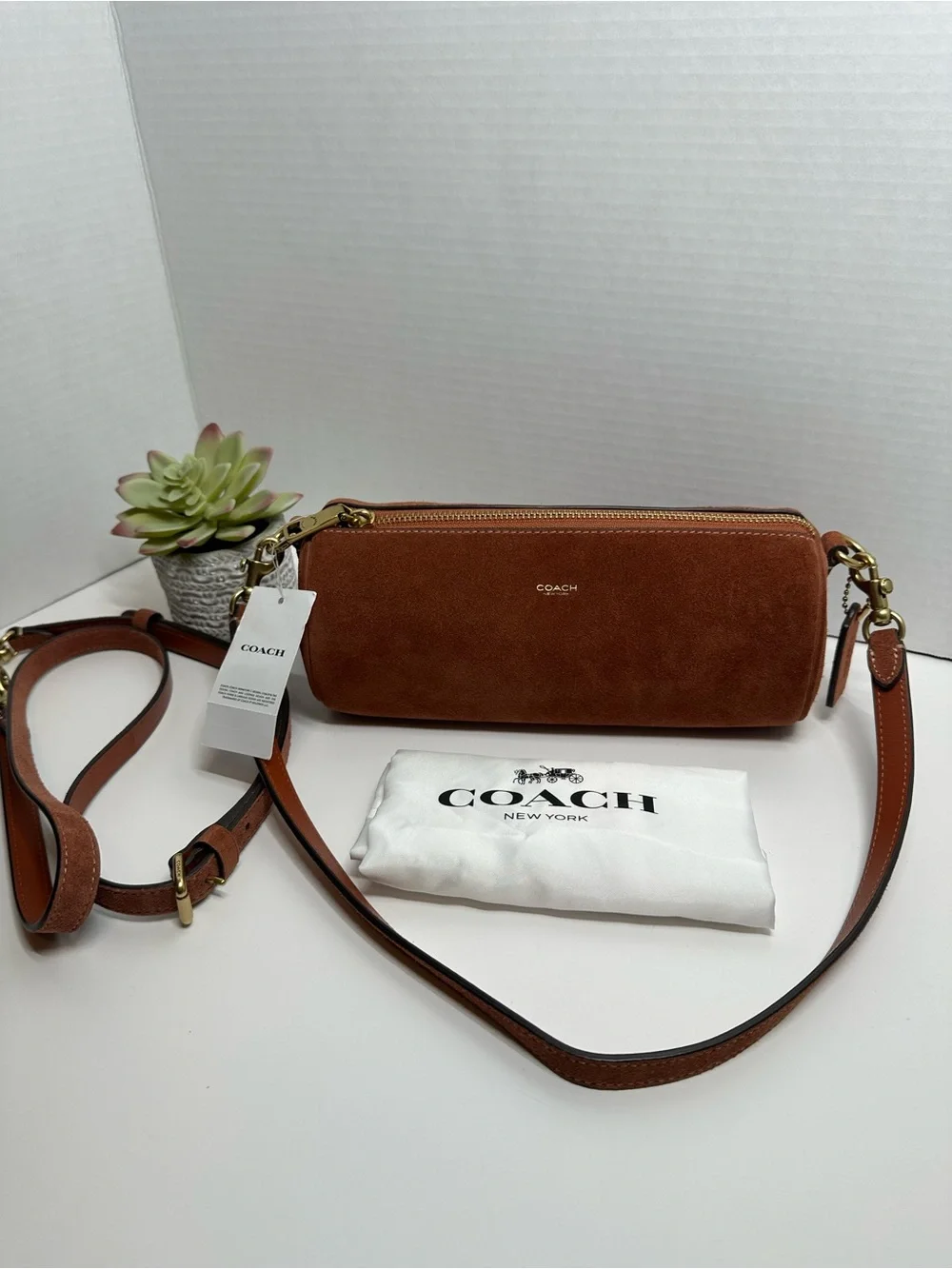 Coach Brown Suede Cylindrical Crossbody Bag with Leather Strap